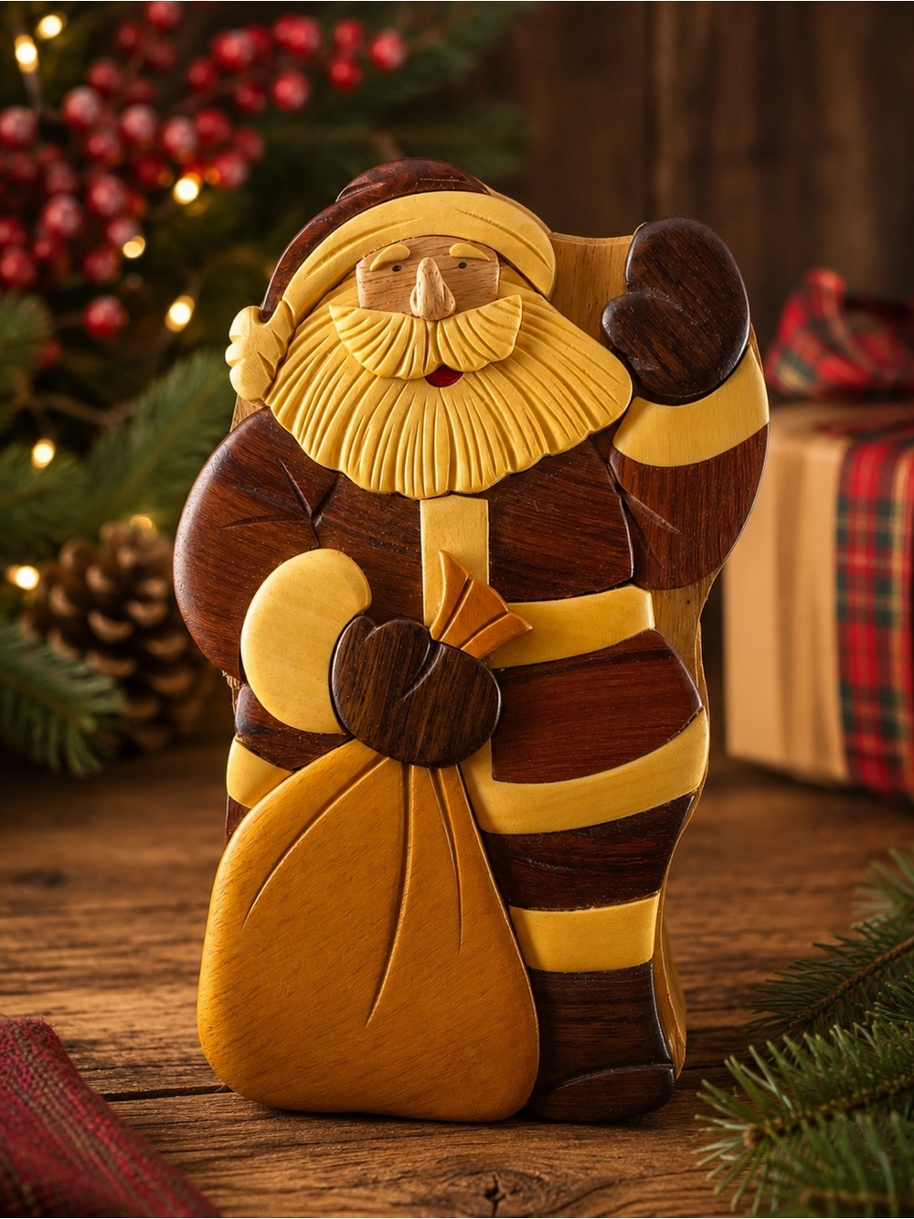 Vintage‎ Hand Carved Wooden Santa Puzzle Trinket Box Hidden Compartment